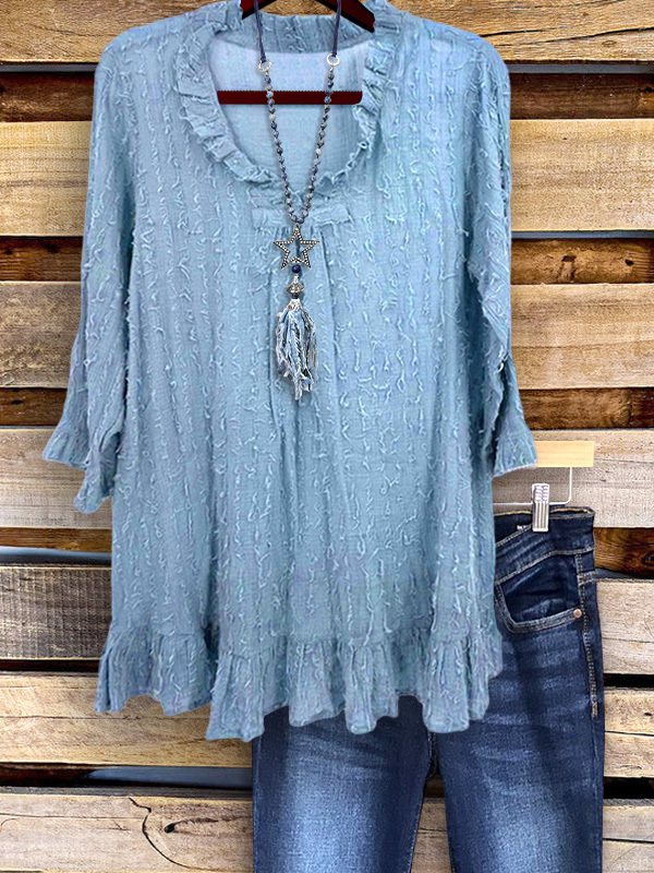 Women's top | Vintage Raw Edge Textured Ruffle Sleeve Top |Website-shopcharmingrose